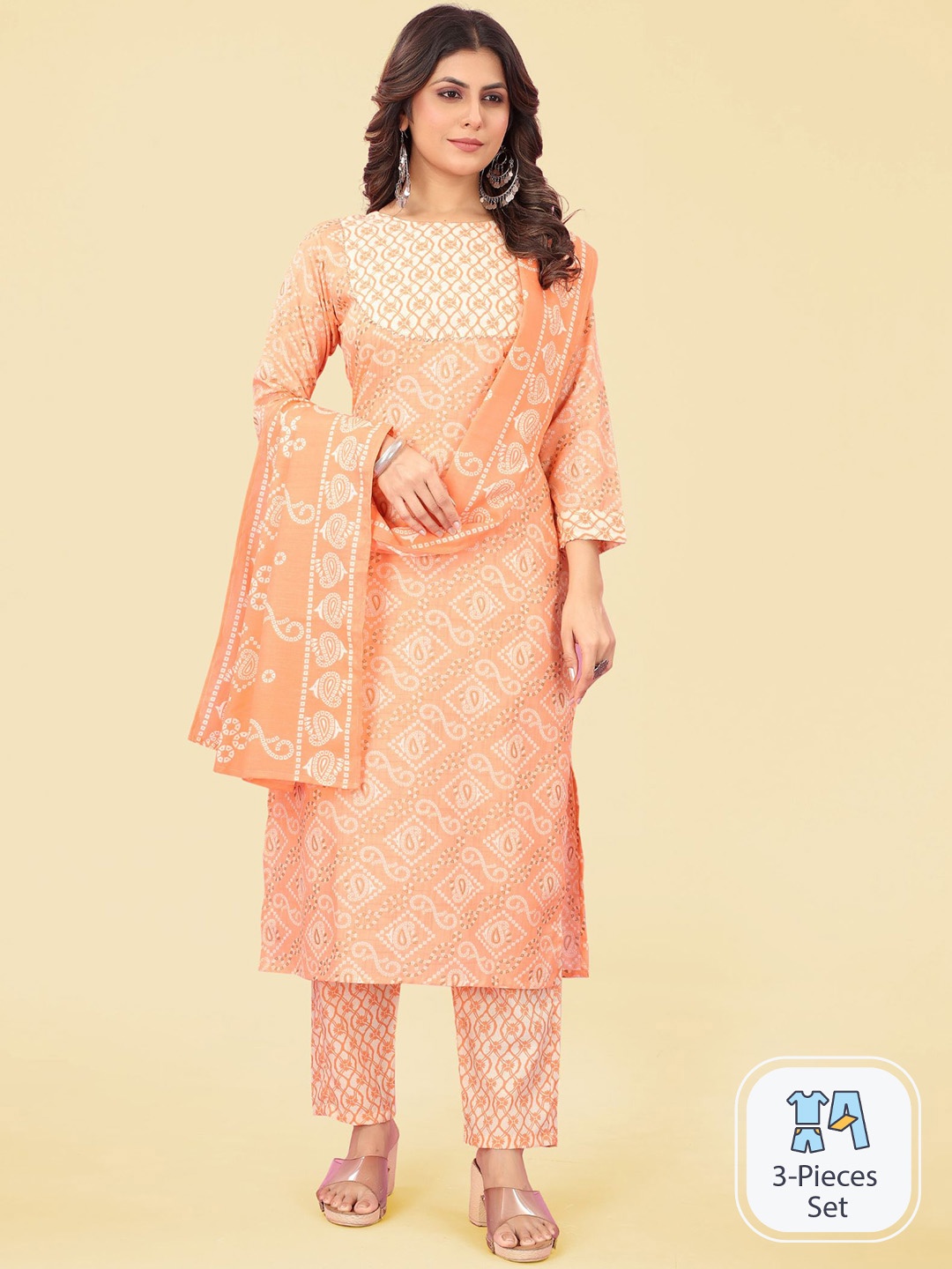 

PREMROOP- THE STYLE YOU LOVE Bandhani Printed Gotta Patti Kurta With Trousers & Dupatta, Orange