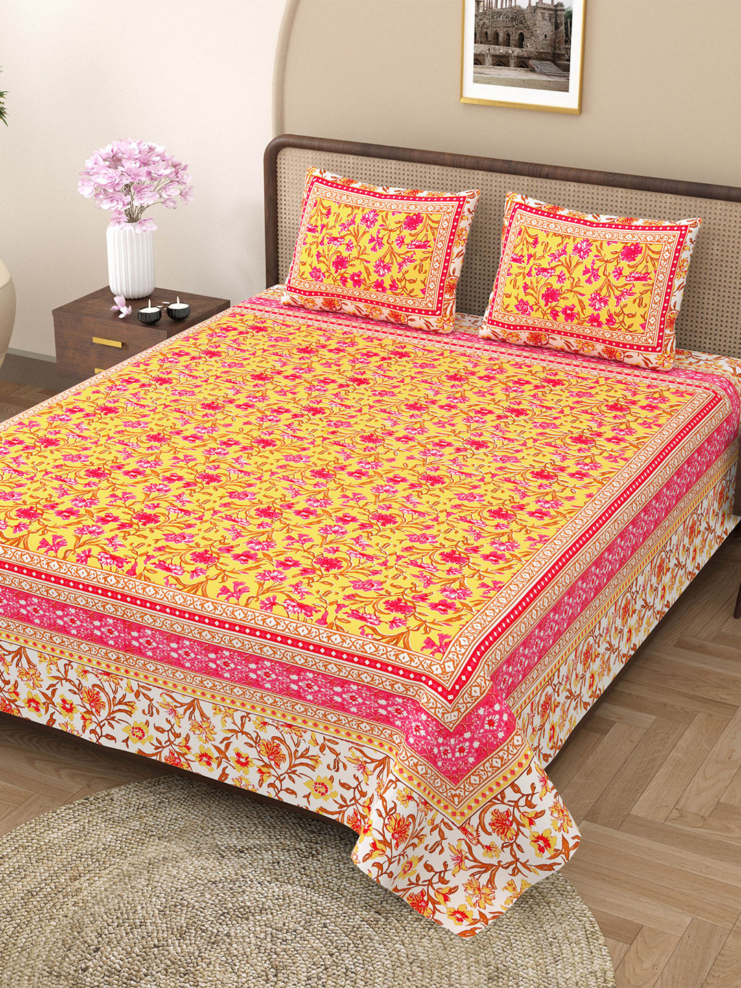 

Rajasthanikart Yellow & Pink Floral Cotton 144 TC King Bedsheet With 2 Pillow Covers