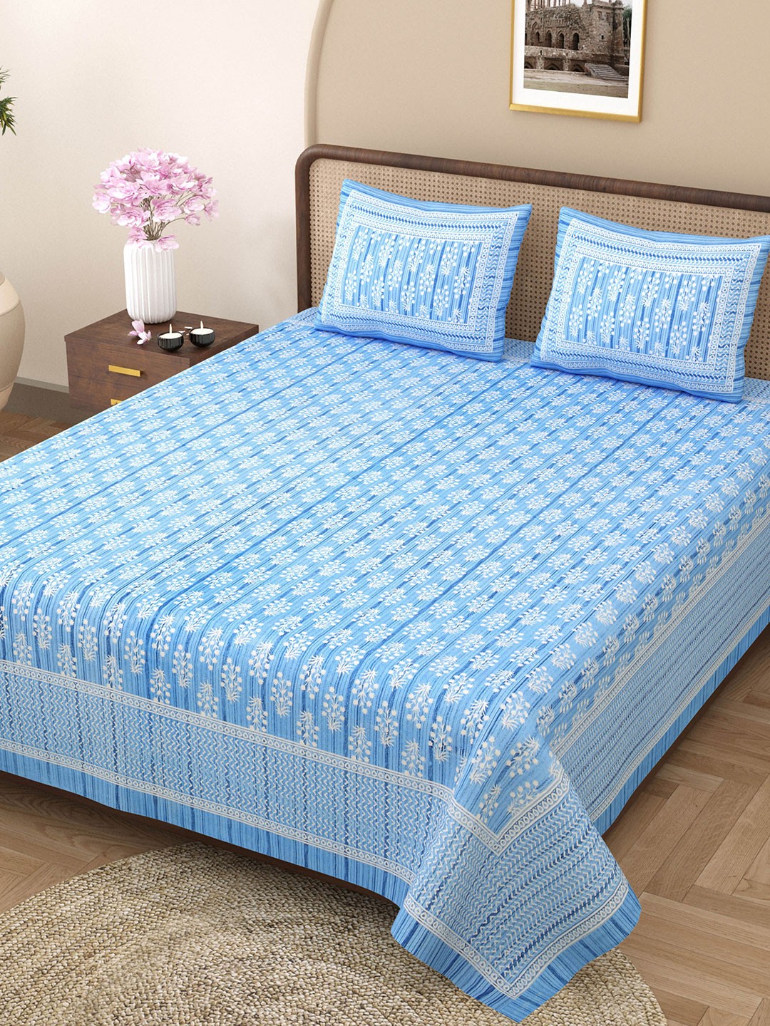

Rajasthanikart Blue & White Pure Cotton 144 TC King Bedsheet with 2 Pillow Covers