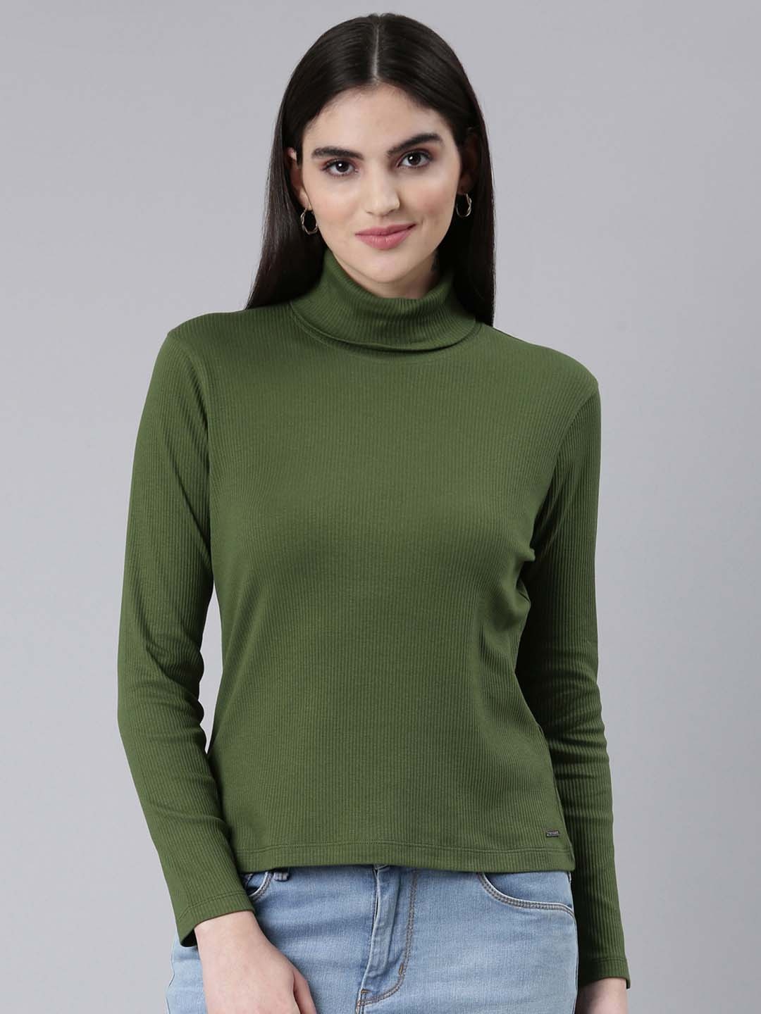 

TWIN BIRDS Turtle Neck Ribbed T-shirt, Green