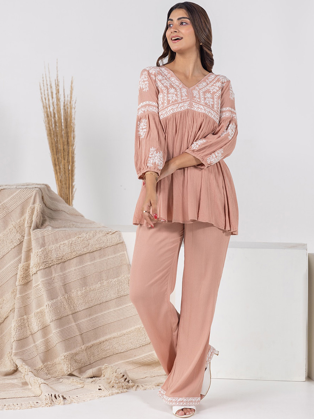 

Aadews Women Embroidered Co-Ords, Rust