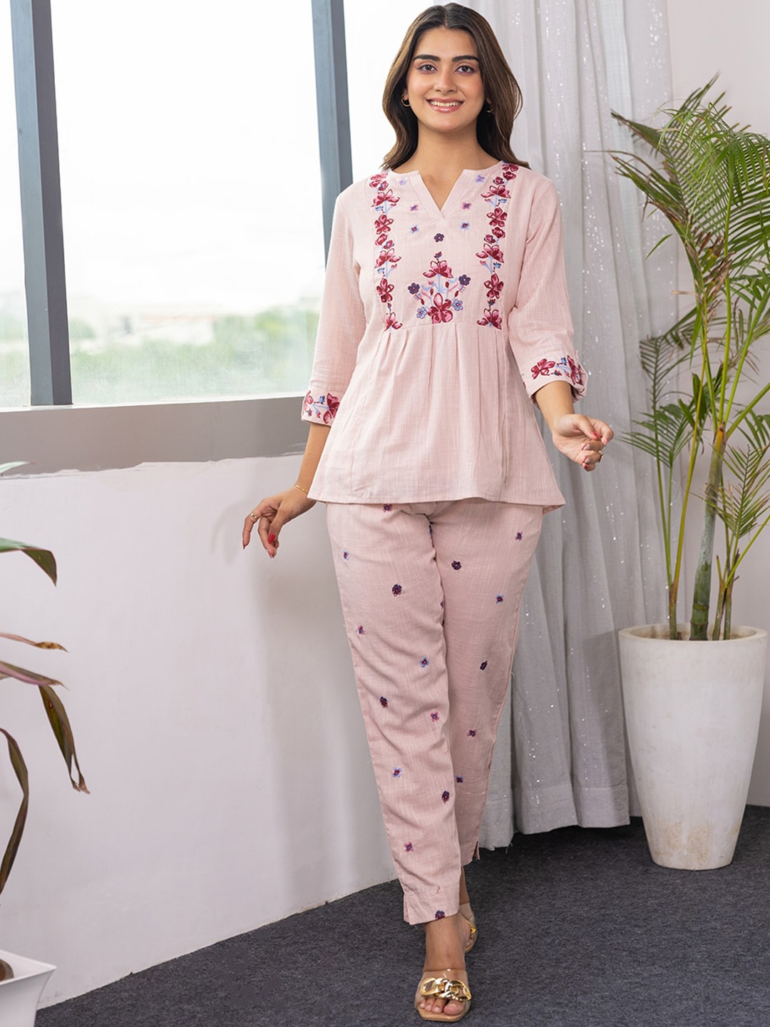 

Aadews Floral Embroidered Pure Cotton Top & Trouser, Pink