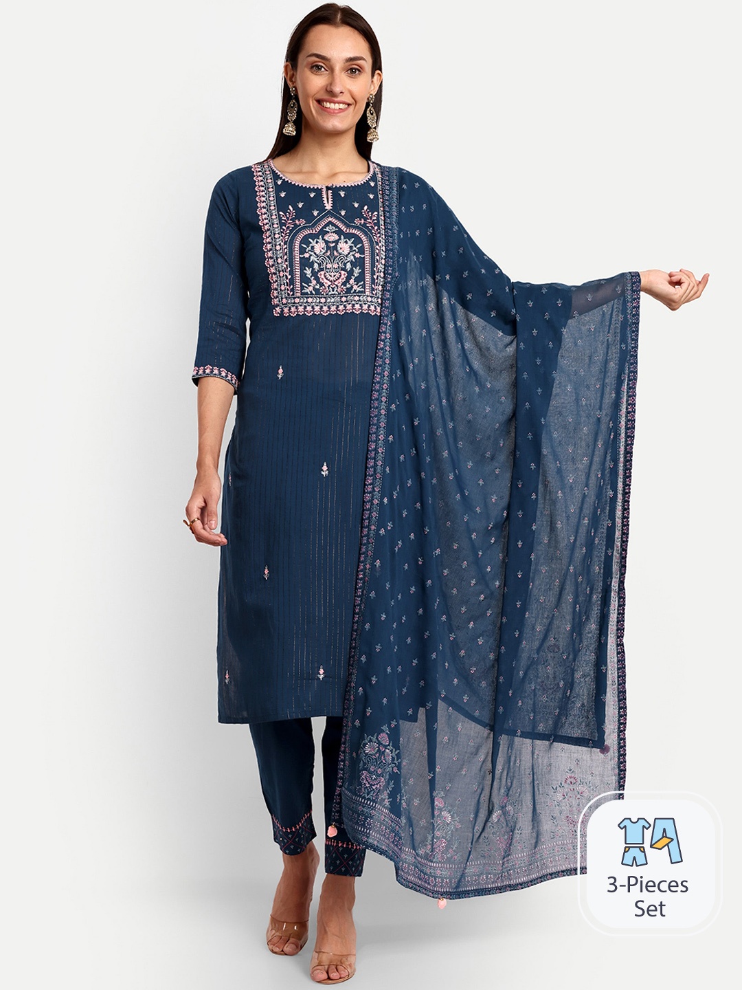 

KAVITA GUPTA Ethnic Motifs Embroidered Keyhole Neck Thread Work Kurta, Black