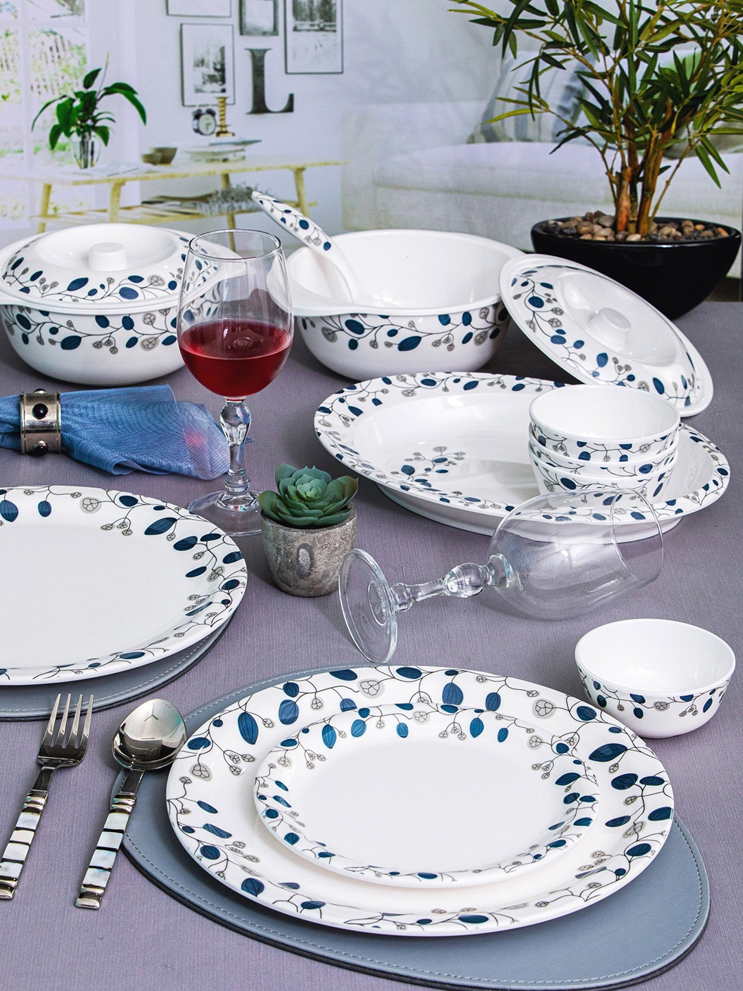 

Servewell White & Blue 31 Pieces Printed Melamine Glossy Dinner Set