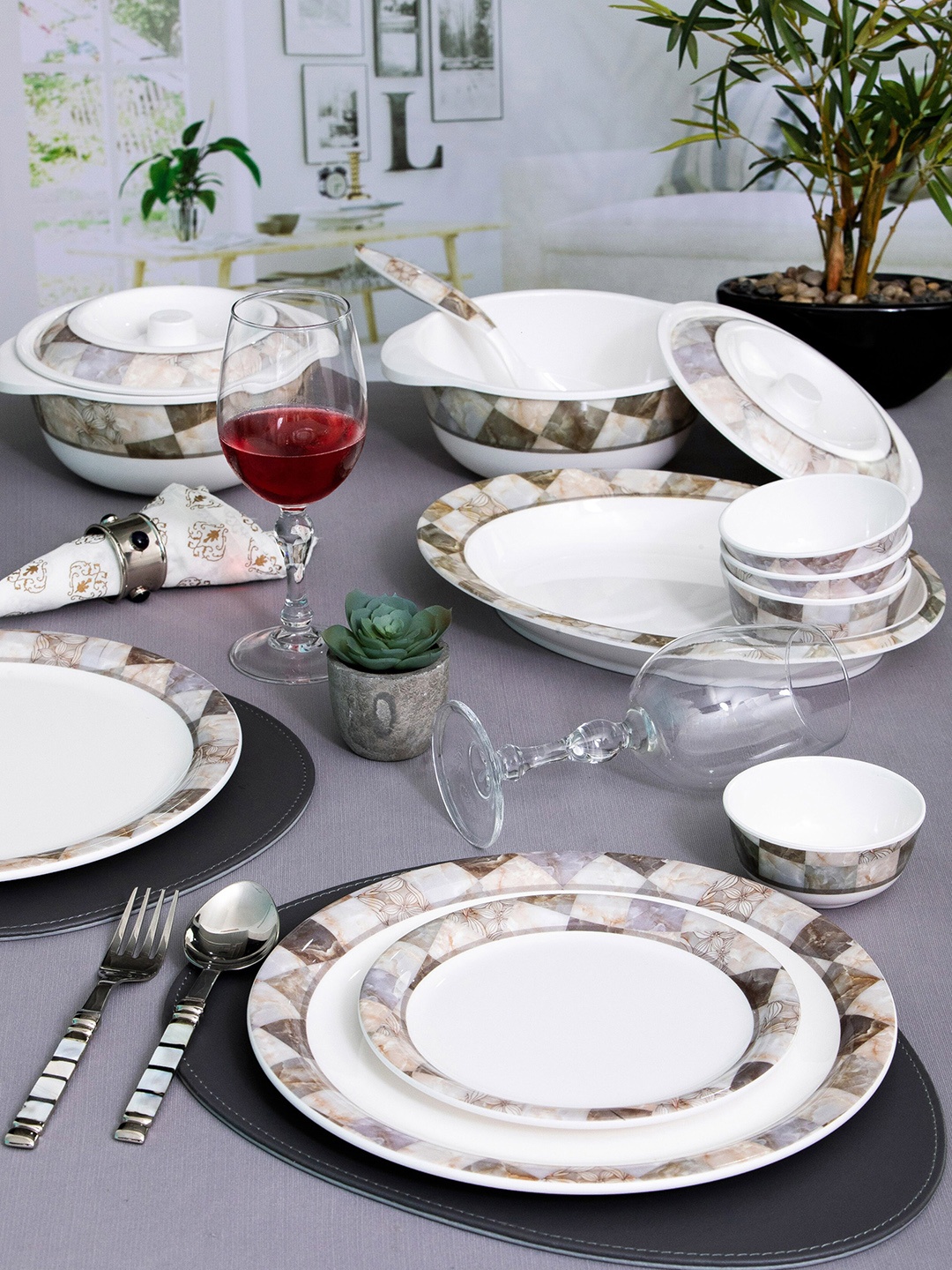 

Servewell White 31 Pieces Printed Melamine Glossy Dishwasher Safe Dinner Set