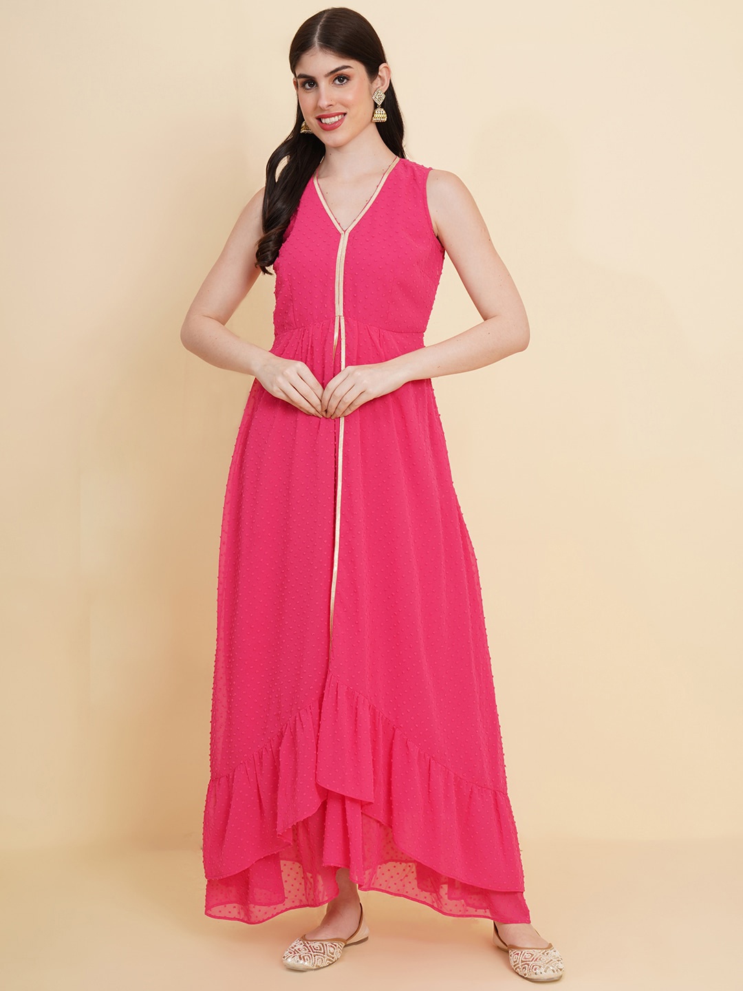 

RAASSIO Dobby V-Neck Sleeveless Fit & Flare Ruffled Maxi Dress, Pink