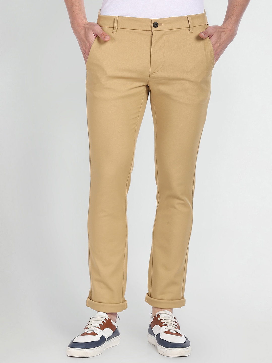 

Arrow Sport Men Slim Fit Low-Rise Cotton Trousers, Beige