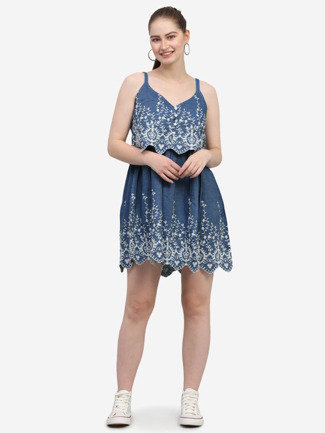 

SUMAVI-FASHION Floral Embroidered Layered Detail Pure Cotton Denim Fit & Flare Dress, Blue