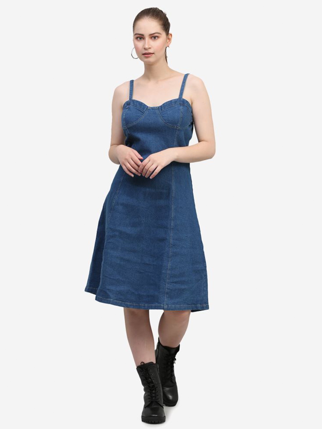 

SUMAVI-FASHION Shoulder Straps Pure Cotton Denim A-Line Dress, Blue
