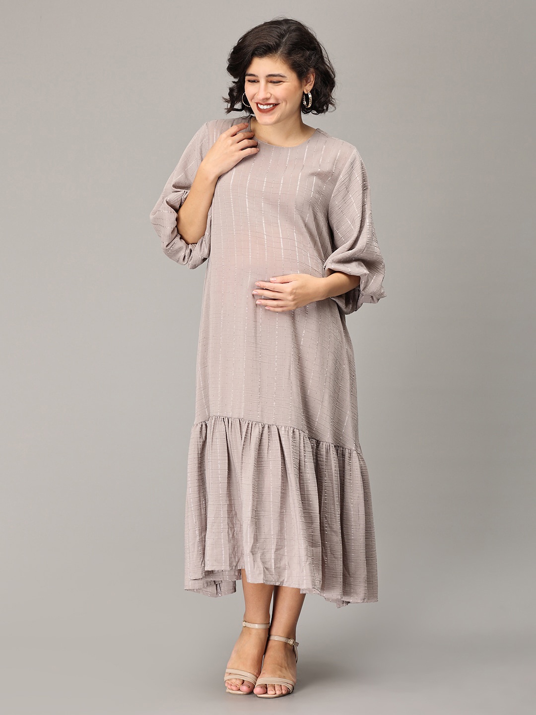 

The Mom Store Striped Puff Sleeves Tiered Maternity A-Line Midi Dress, Grey