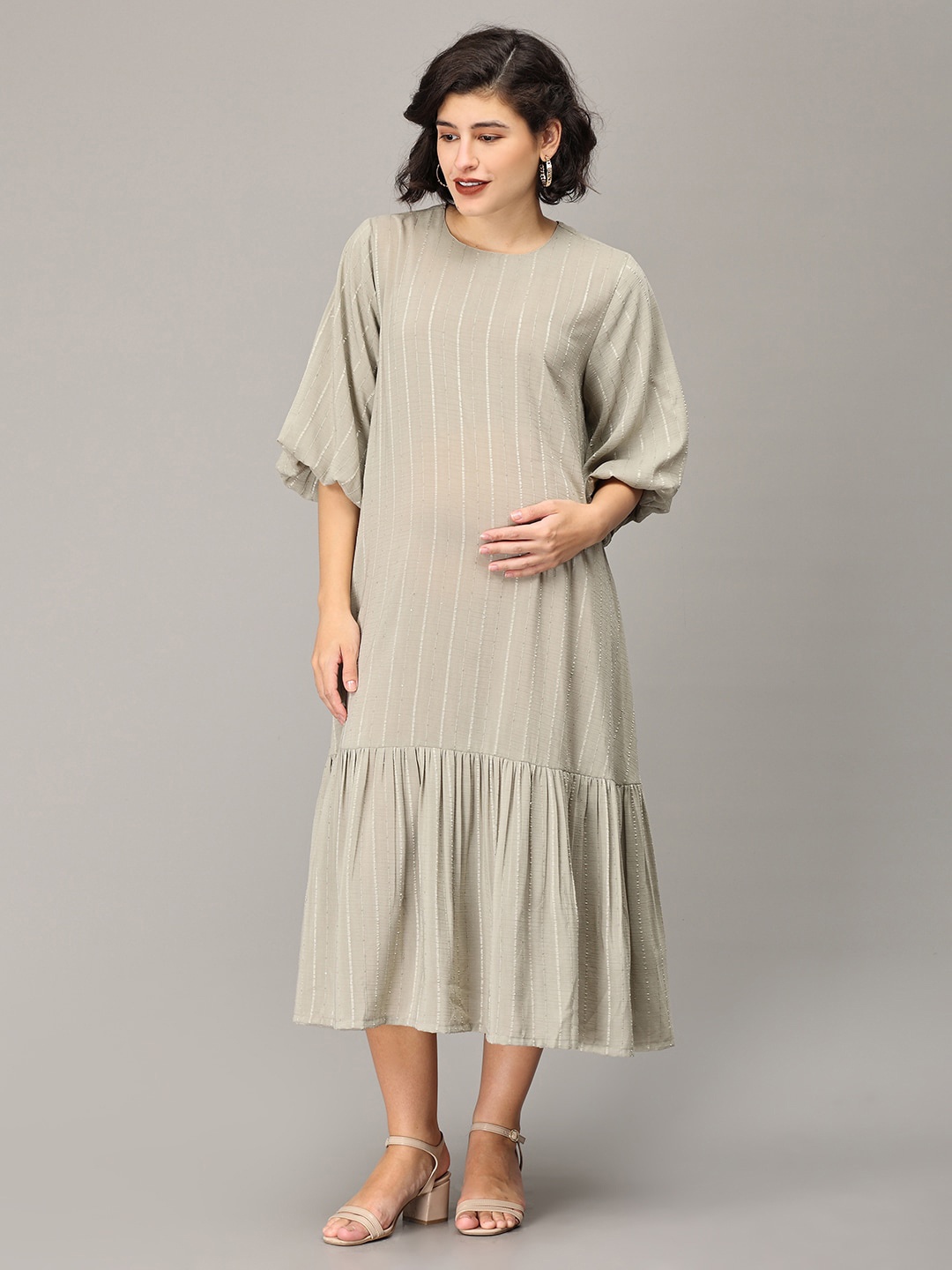 

The Mom Store Striped Puff Sleeves Tiered Maternity A-Line Midi Dress, Sea green