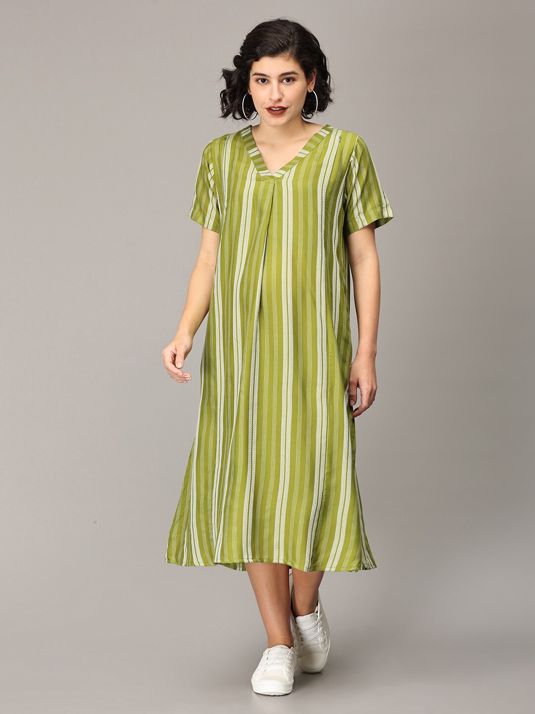 

The Mom Store Striped V-Neck A-Line Midi Maternity Dress, Green