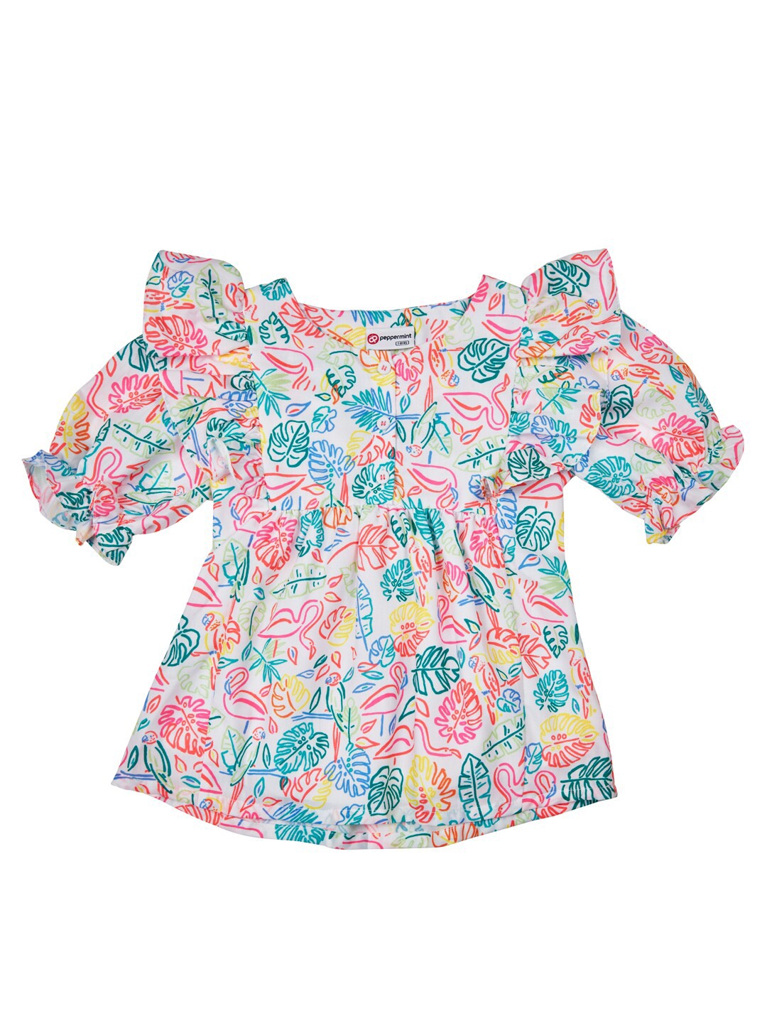 

Peppermint Girls Tropical Printed Puff Sleeves Ruffled Cotton A-Line Top, Pink