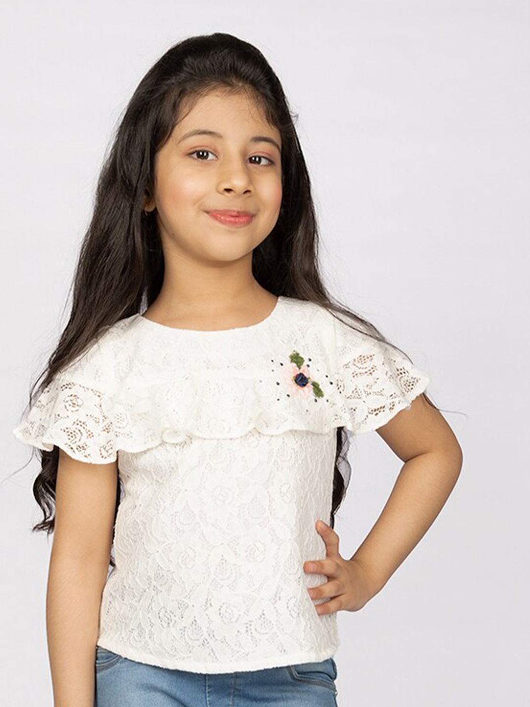 

Peppermint Self Design Round Neck Flutter Sleeves Pure Cotton Top, Off white