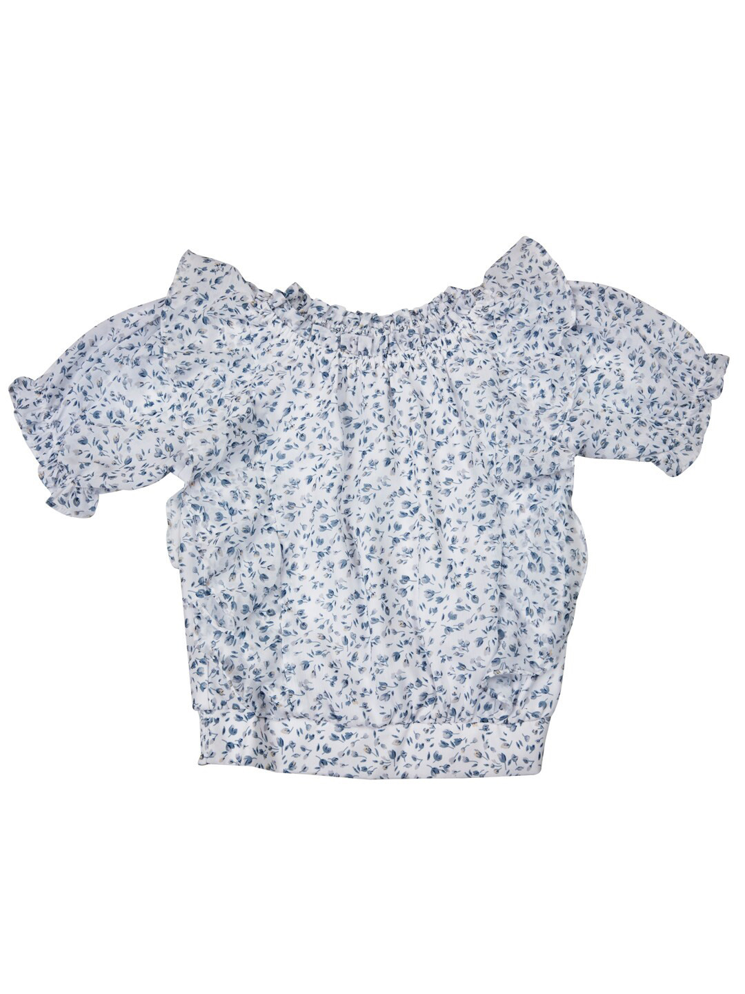 

Peppermint Girls Floral Printed Puff Sleeves Ruffle Detailed Cotton Blouson Top, White