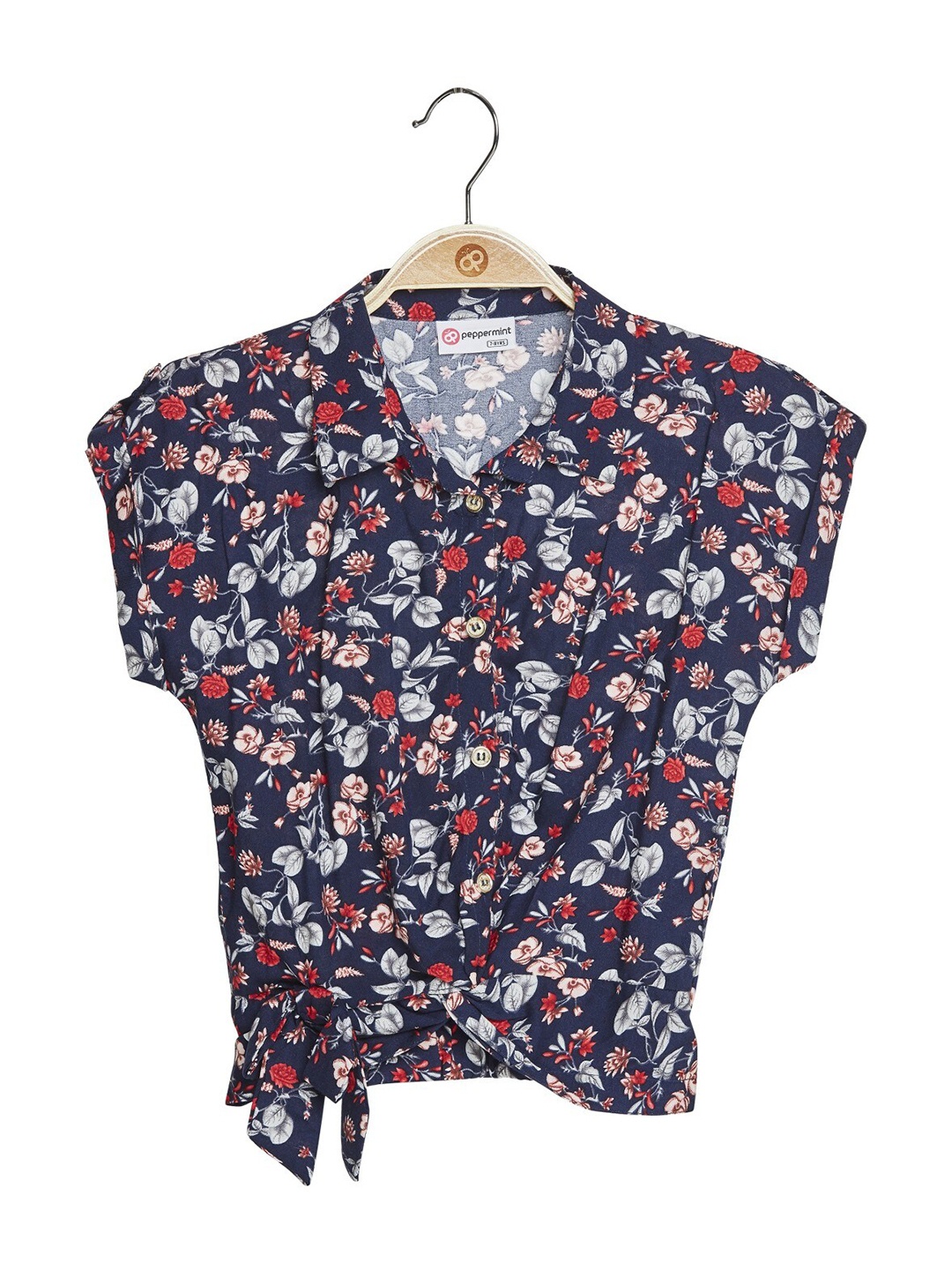 

Peppermint Floral Printed Waist Tie-Ups Top, Navy blue