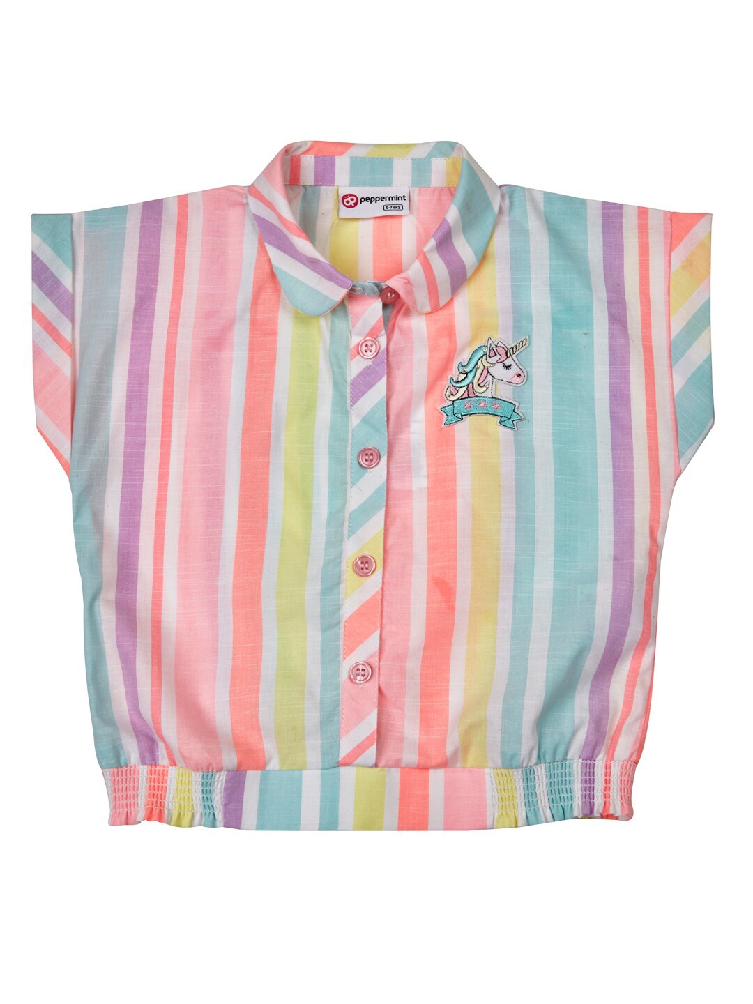 

Peppermint Girls Striped Shirt Collar Cotton Top, White