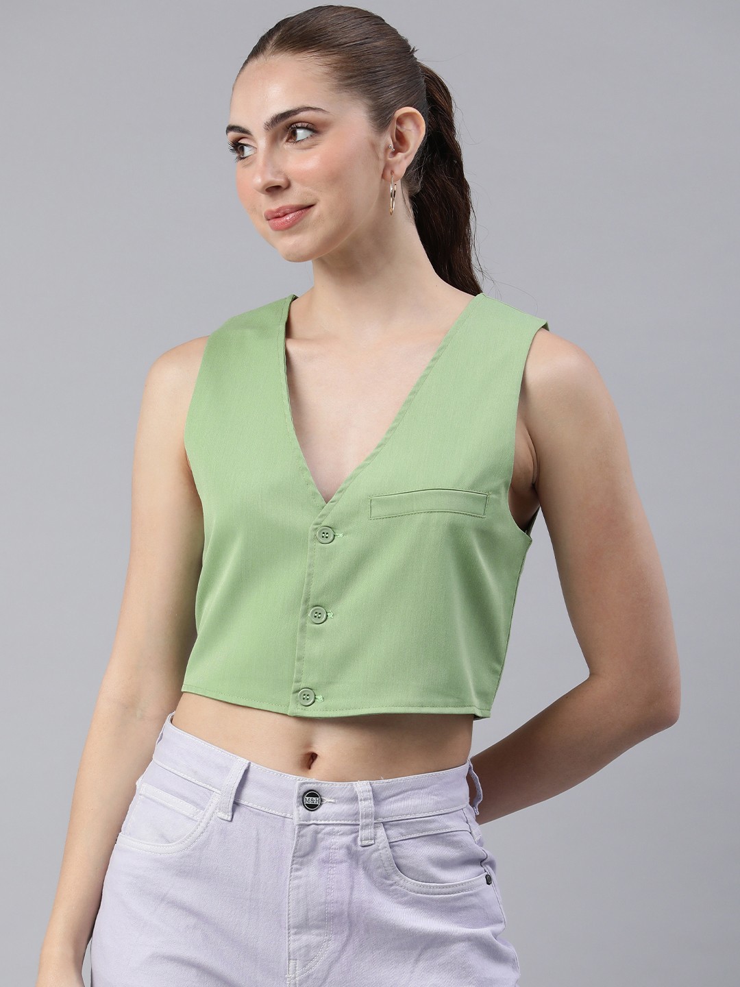 

London Rag Shirt Style Crop Top, Green
