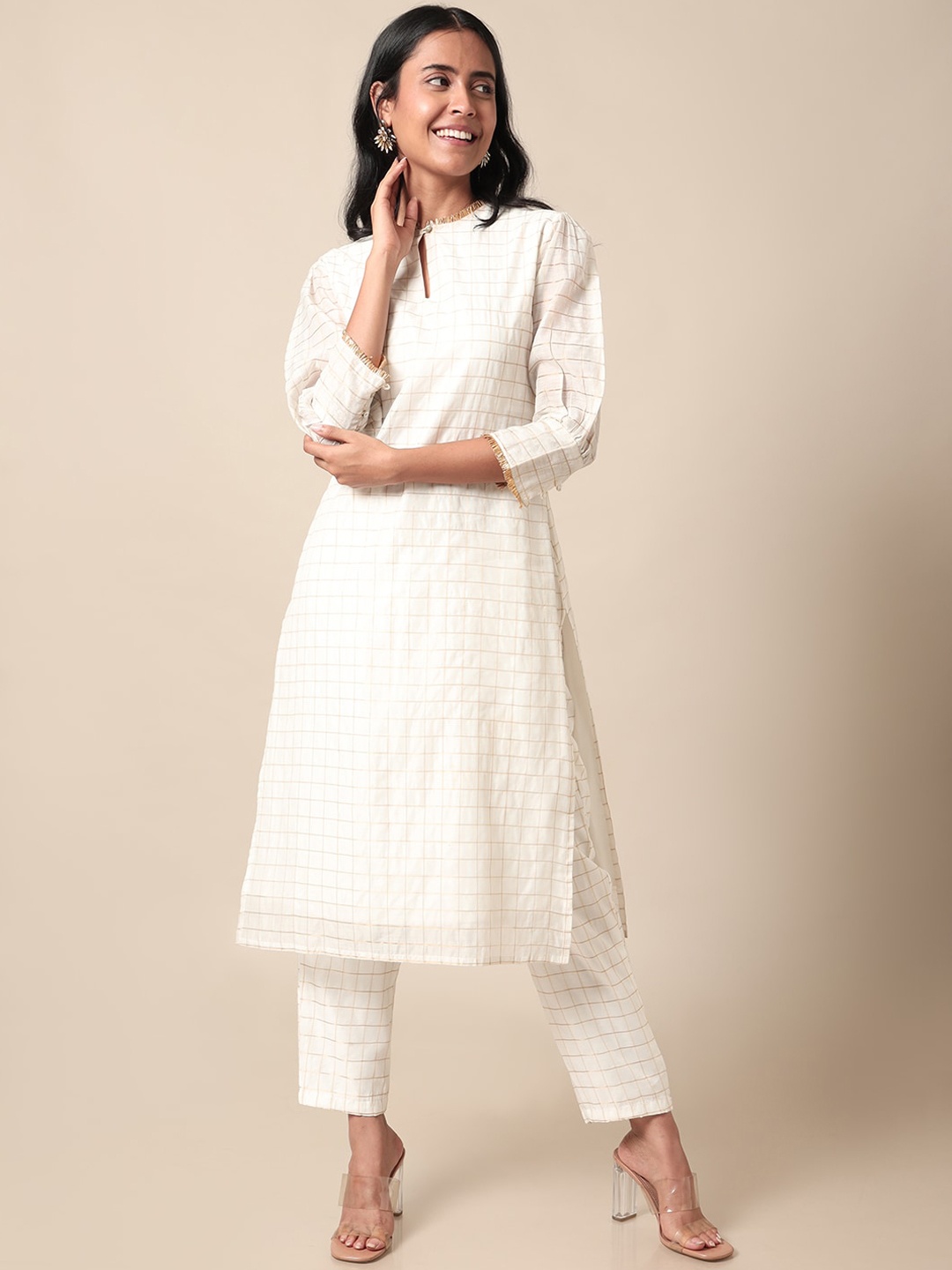 

Saaki Checked Regular Chanderi Silk Kurta With Trousers, Off white