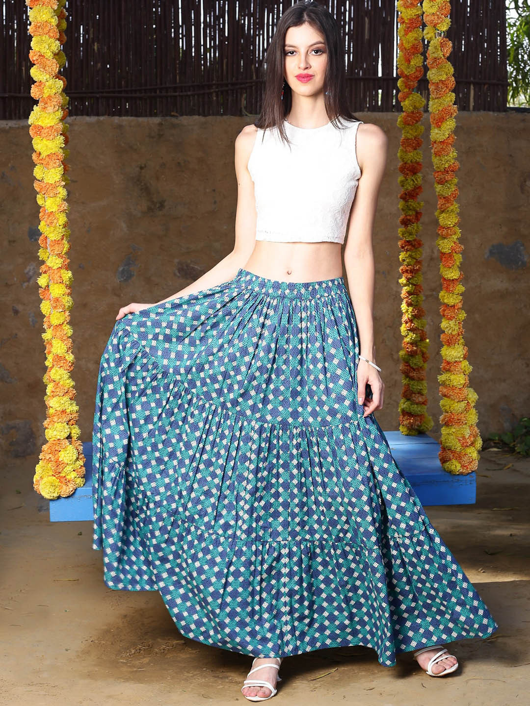 

Sera Geometric Printed Pure Cotton Tiered Maxi Skirt, Blue