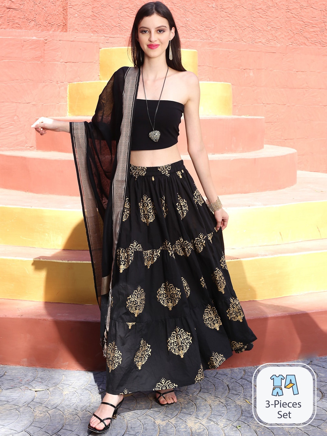 

Sera Strapless Tube Ethnic Top With Skirt & Dupatta, Black
