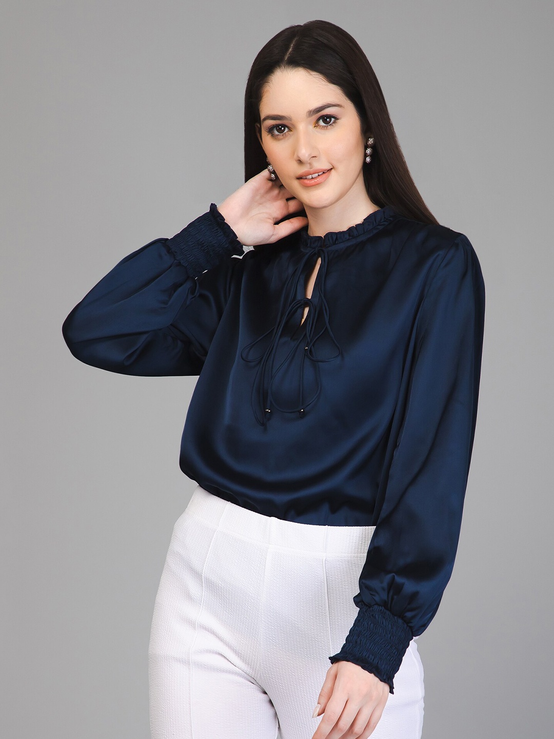 

PURYS Tie-Up Neck Satin Shirt Style Top, Navy blue