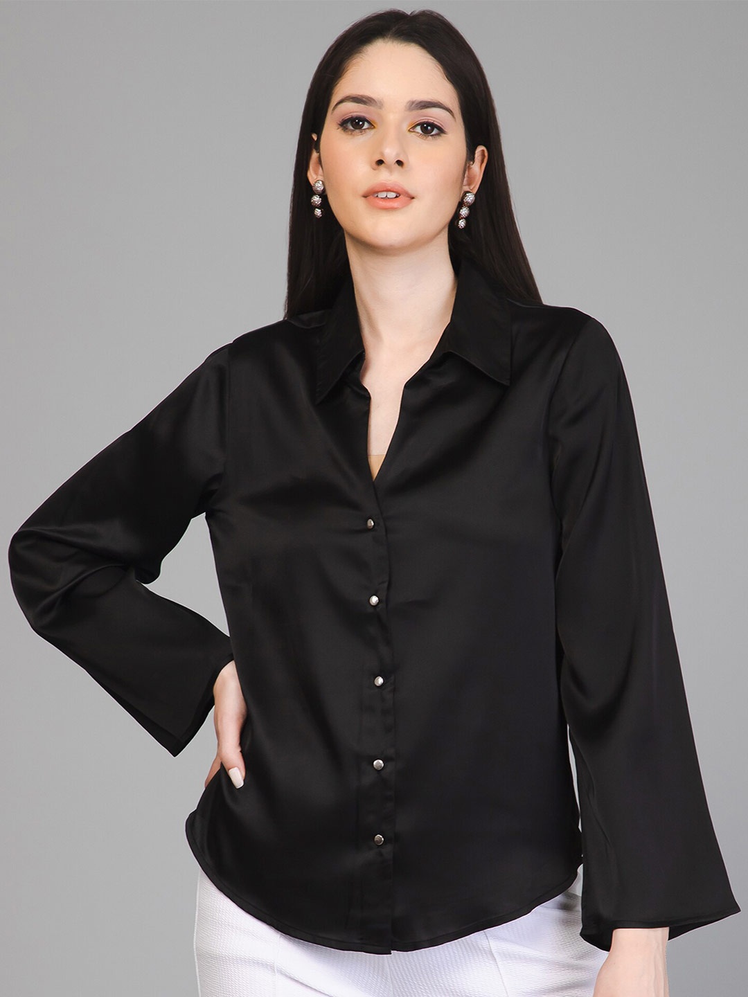 

PURYS Standard Spread Collar Satin Casual Shirt, Black