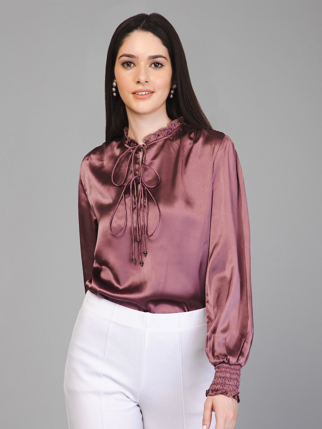 

PURYS Tie-Up Neck Satin Shirt Style Top, Purple