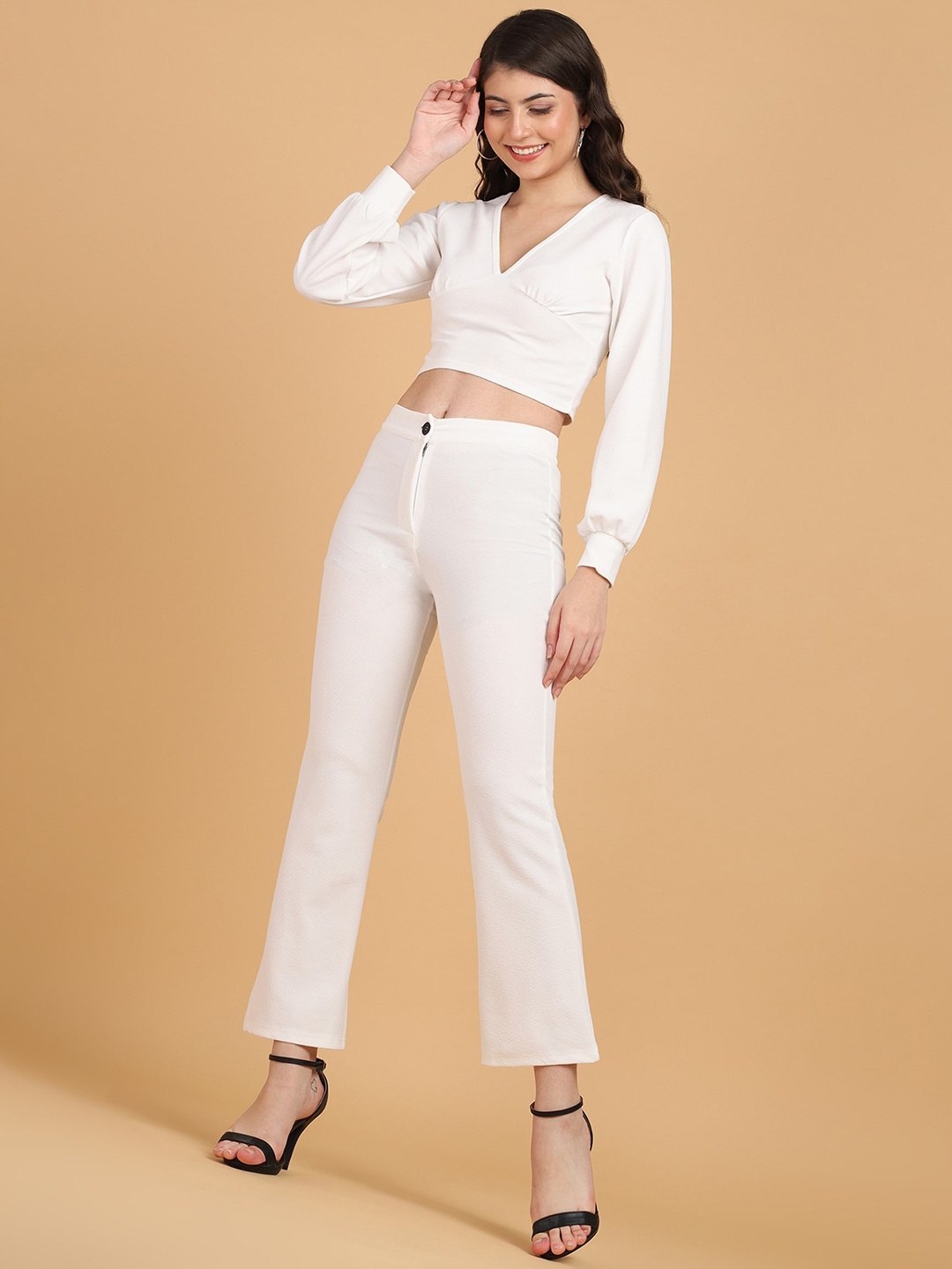 

Popwings Self Design Crop Top With Trouser Co-Ords, White