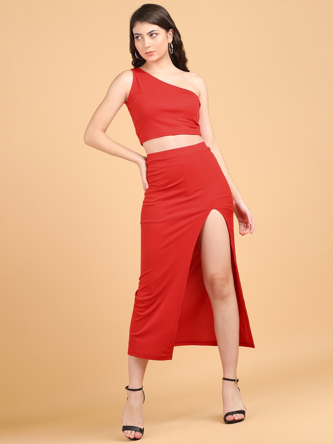 

Popwings Ribbed One Shoulder Top With Skirt, Red