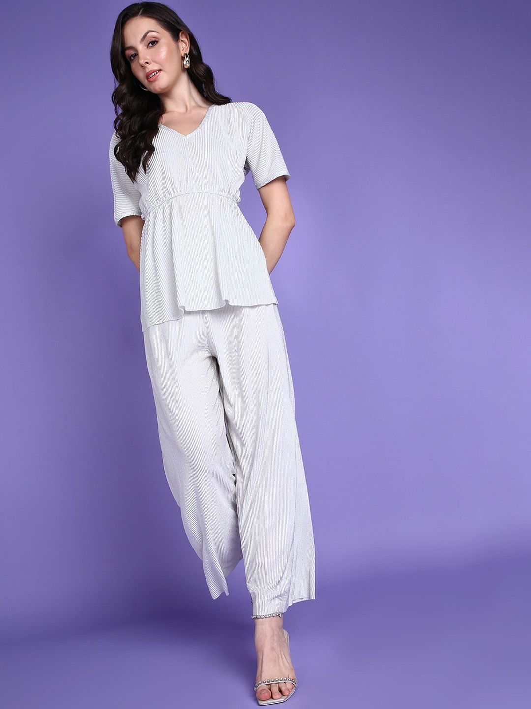 

Popwings Self Design Top With Palazzo Co-Ords, Off white