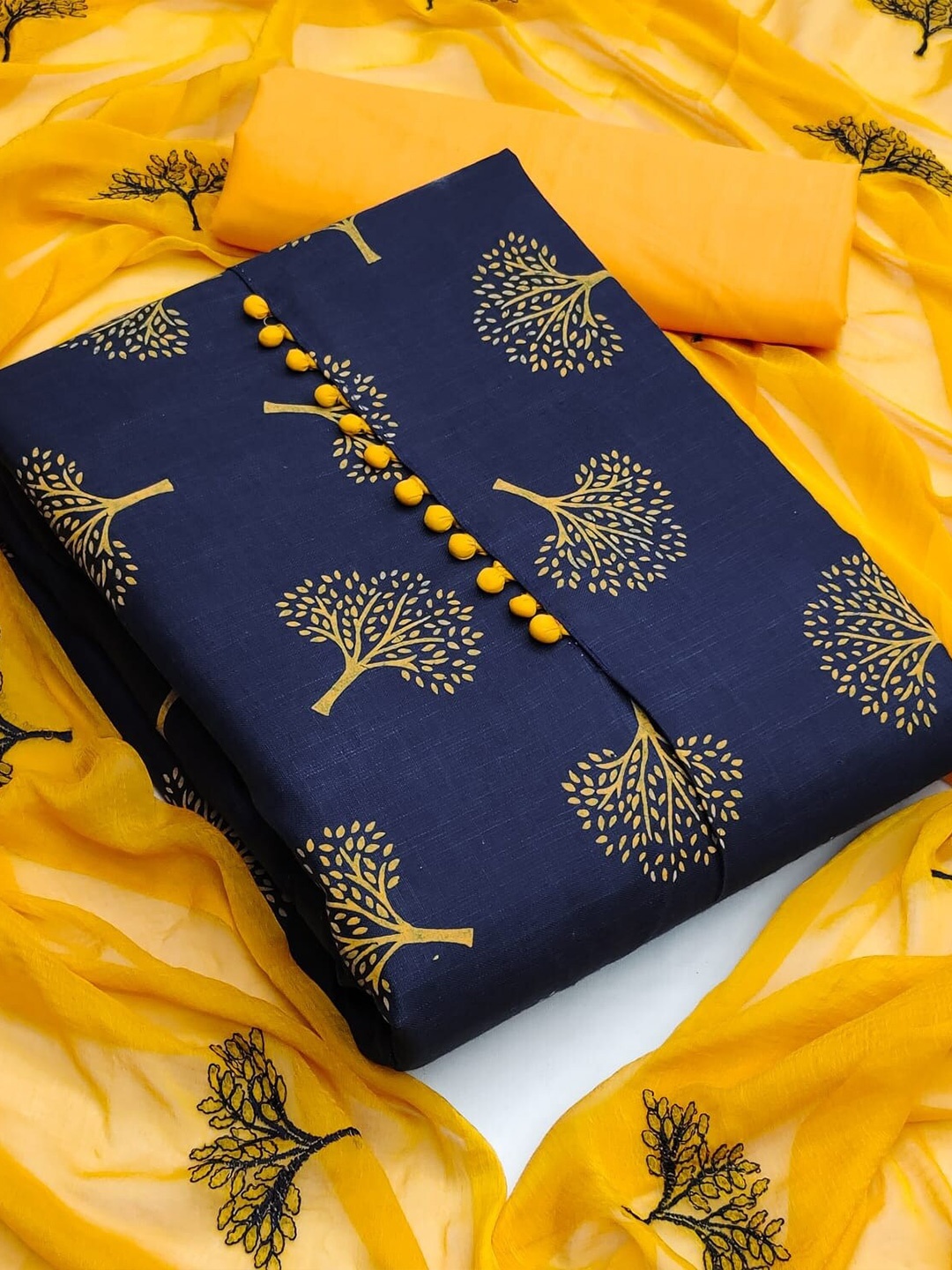 

APNISHA Floral Printed Unstitched Dress Material, Navy blue
