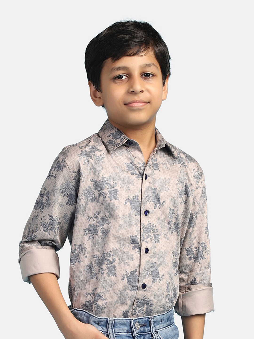 

TAHVO Boys Slim Fit Opaque Floral Printed Cotton Casual Shirt, Grey