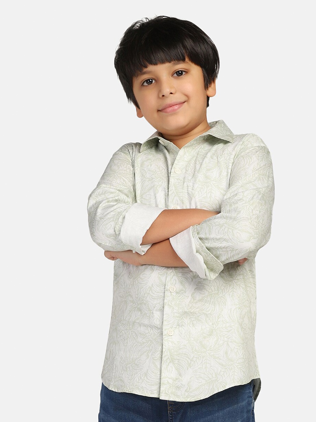 

TAHVO Boys Comfort Slim Fit Tropical Printed Cotton Casual Shirt, Green