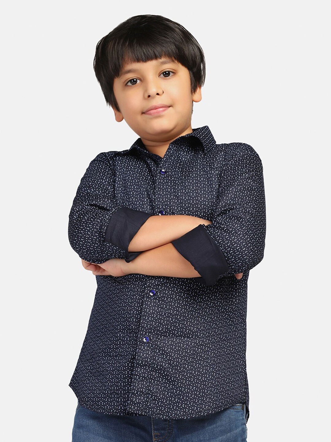 

TAHVO Boys Smart Slim Fit Opaque Micro Ditsy Printed Cotton Casual Shirt, Navy blue
