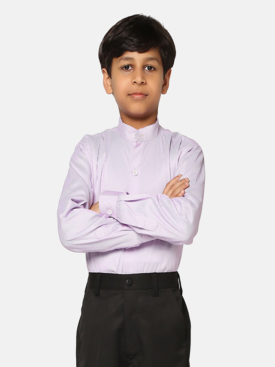 

TAHVO Boys Mandarin Collar Slim Fit Opaque Striped Casual Shirt, Purple