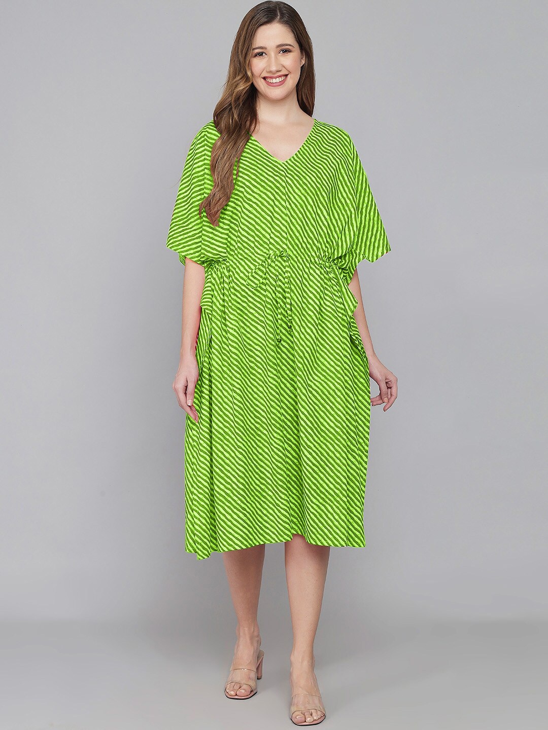 

Shararat V Neck Striped printed Pure Cotton Kaftan Nightdress, Green