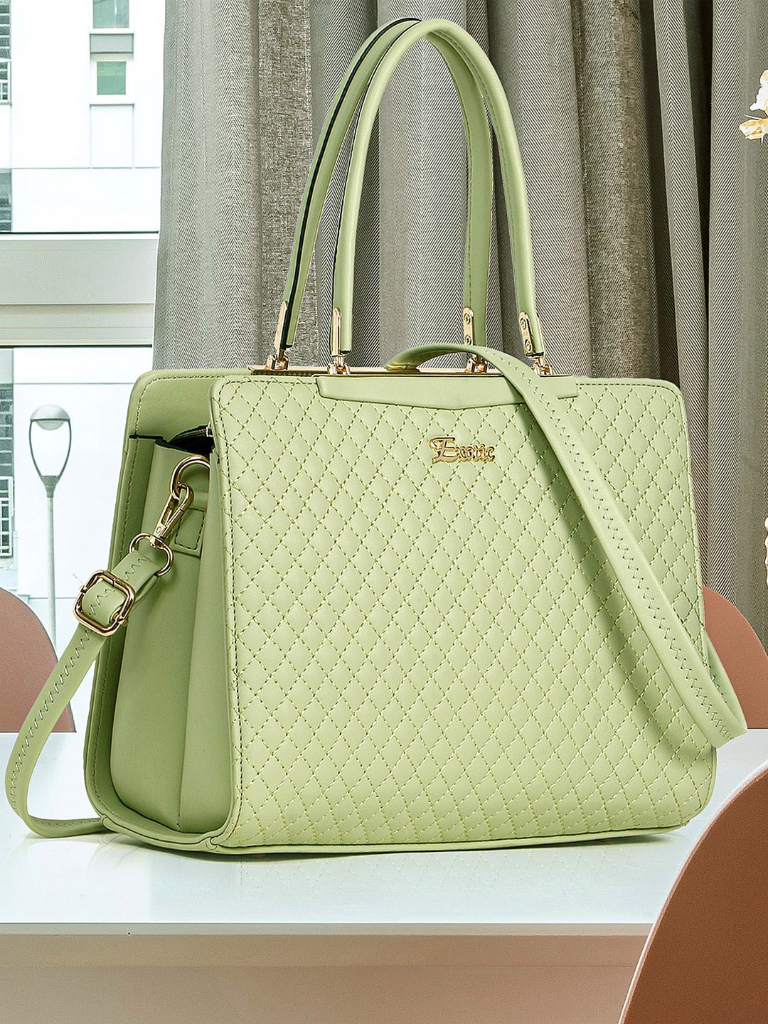 

Exotic Structured Quilted Handheld Bag, Lime green
