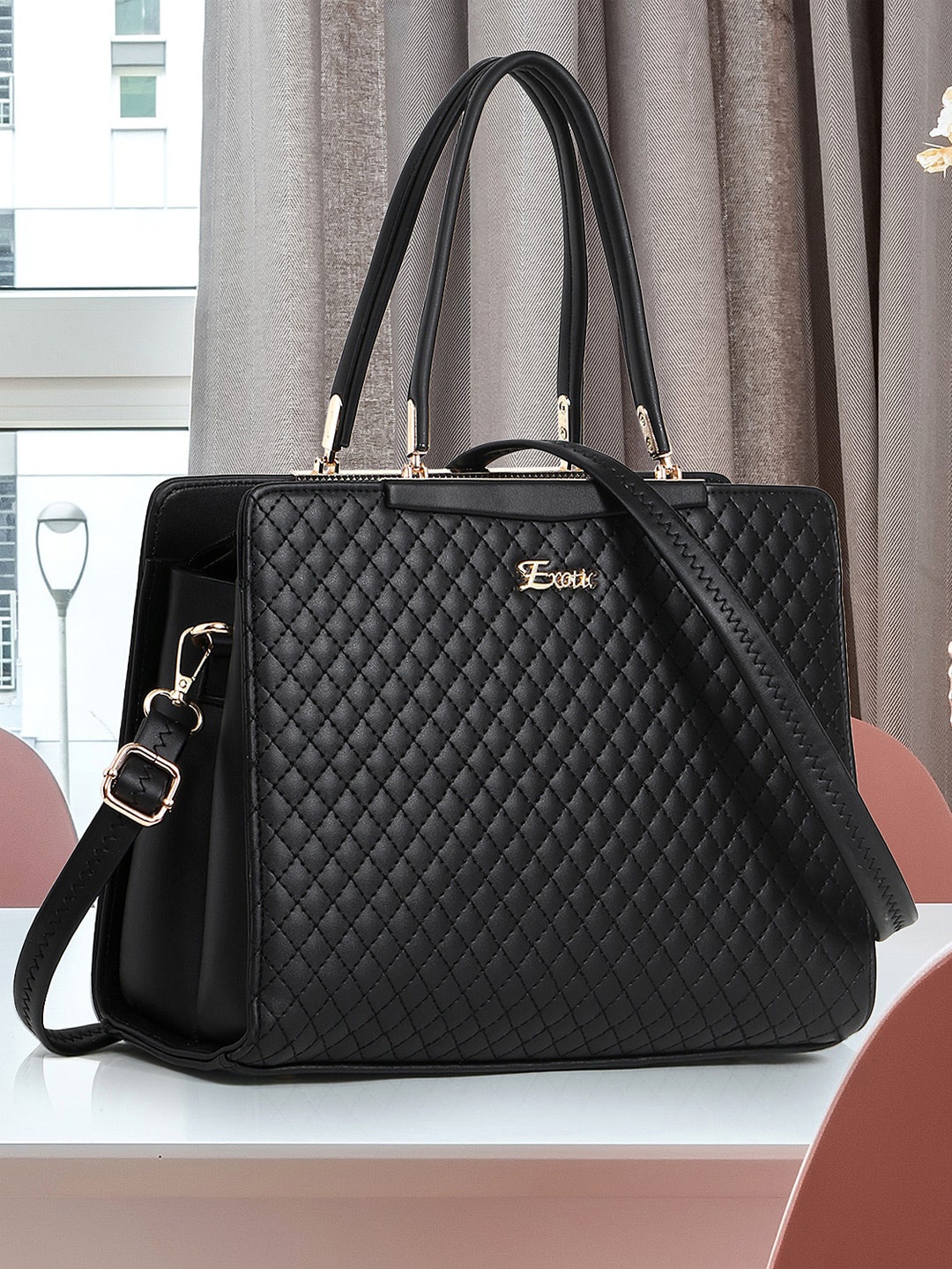 

Exotic Structured Quilted Handheld Bag, Black