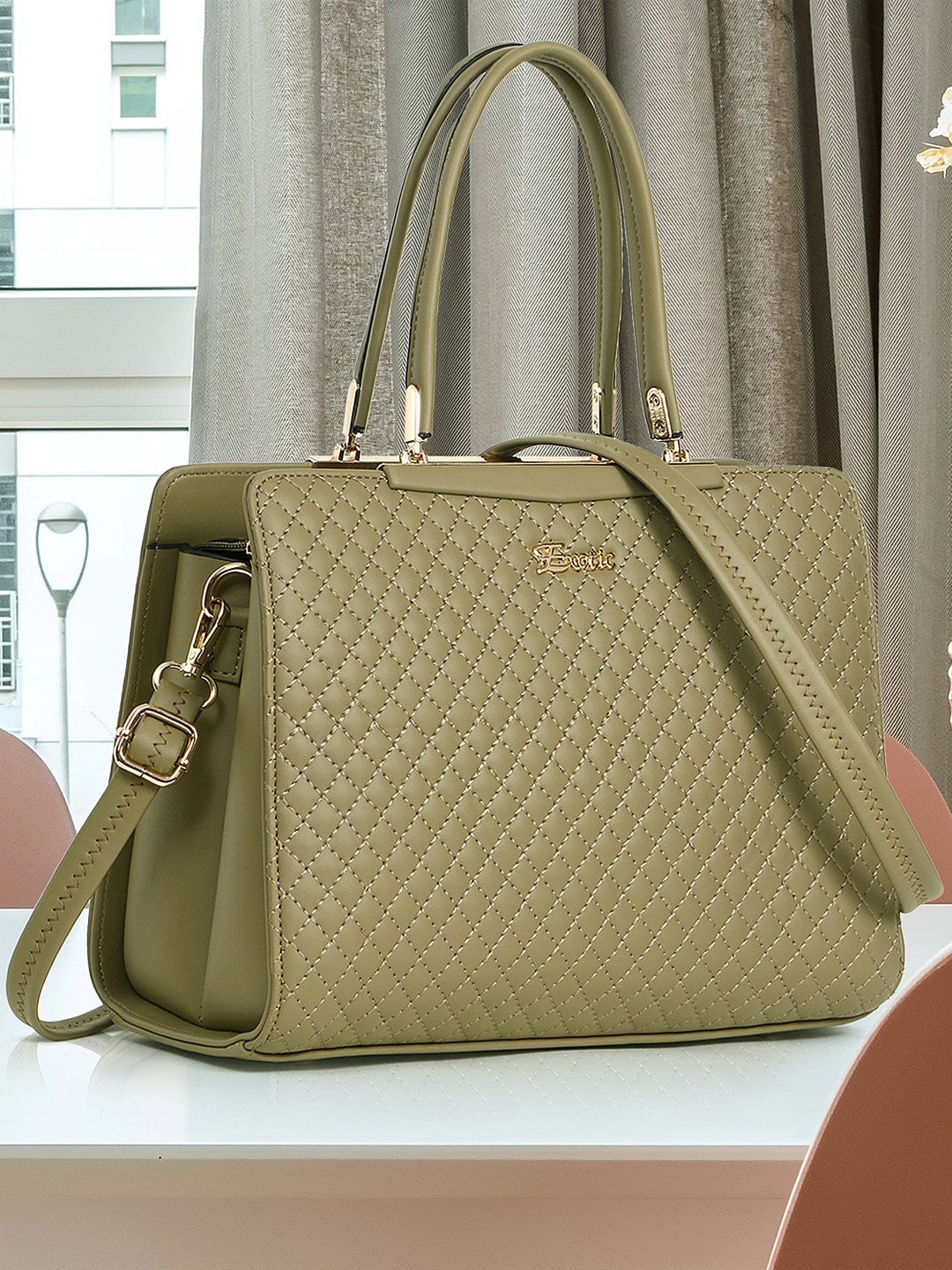 

Exotic Structured Quilted Handheld Bag, Olive
