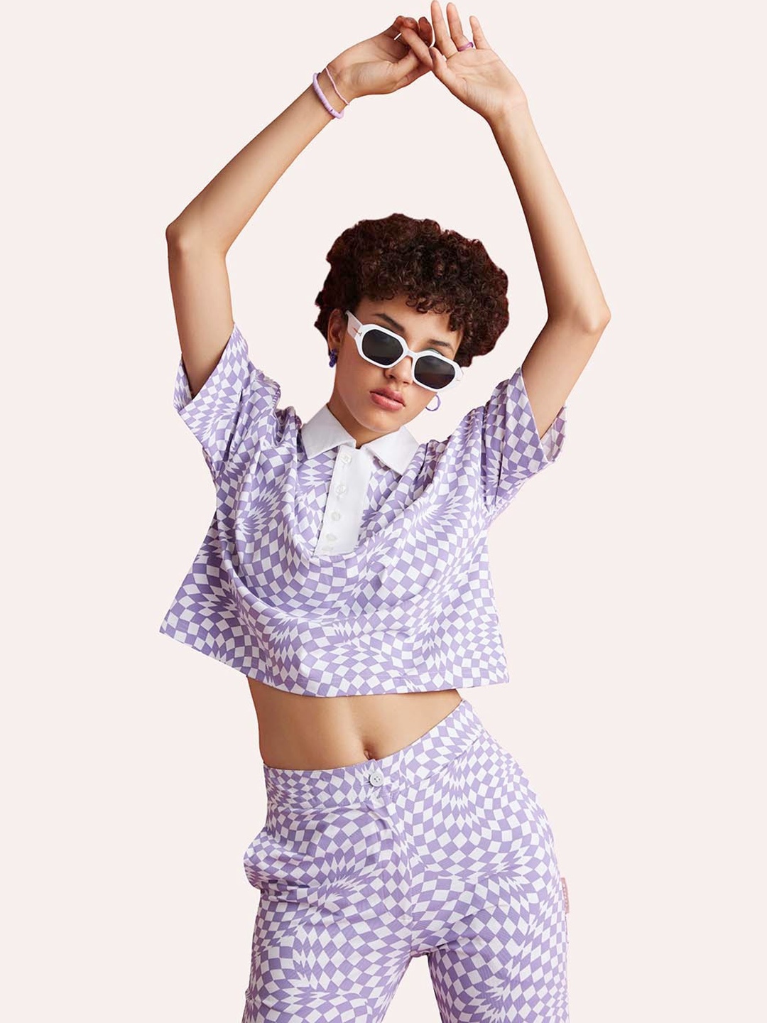 

Muvazo Checked Crop Top With Trousers Co-Ords, Lavender