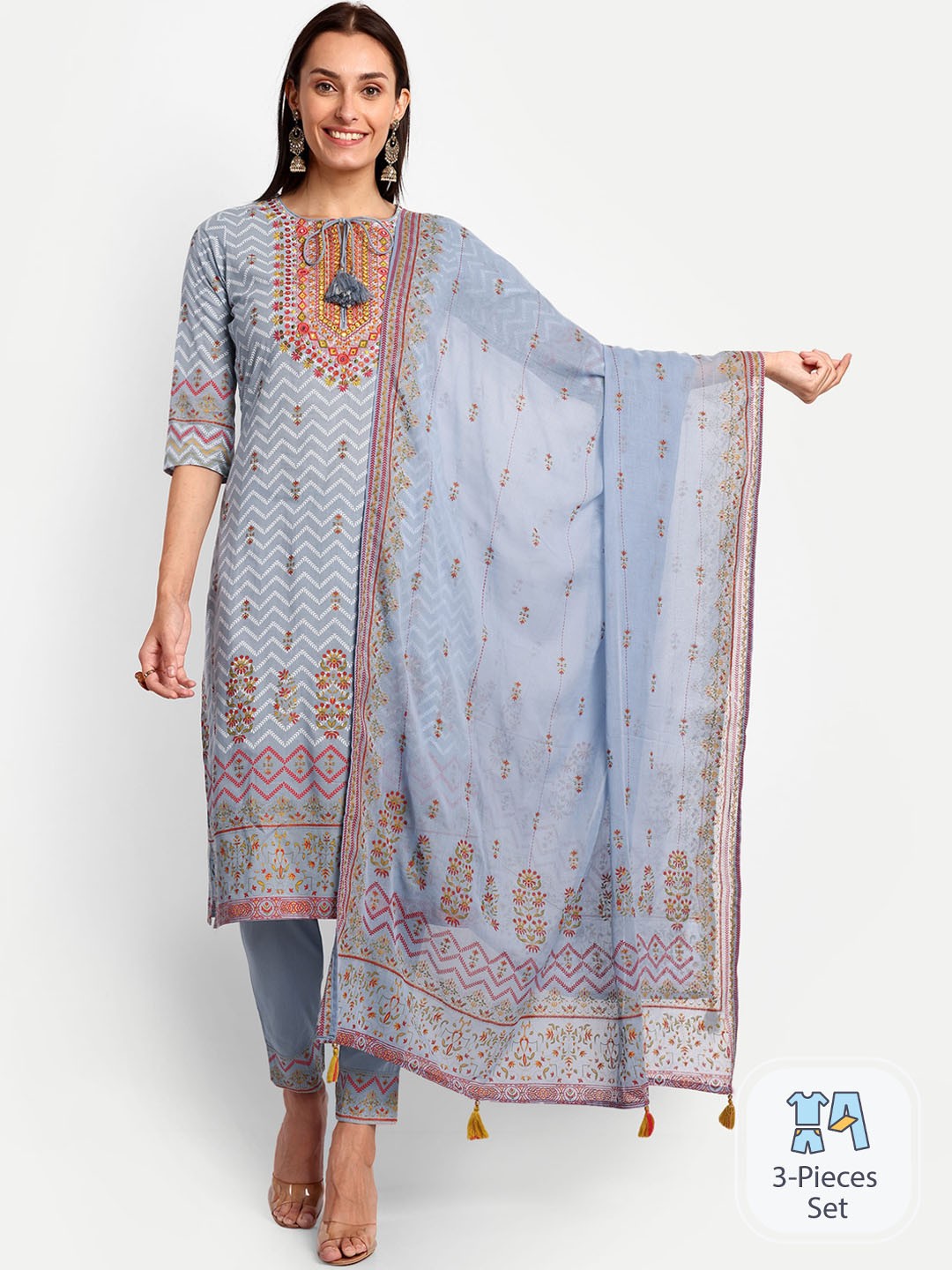

KAVITA GUPTA Ethnic Motifs Embroidered Mirror Work Cotton Kurta Set With Dupatta, Grey