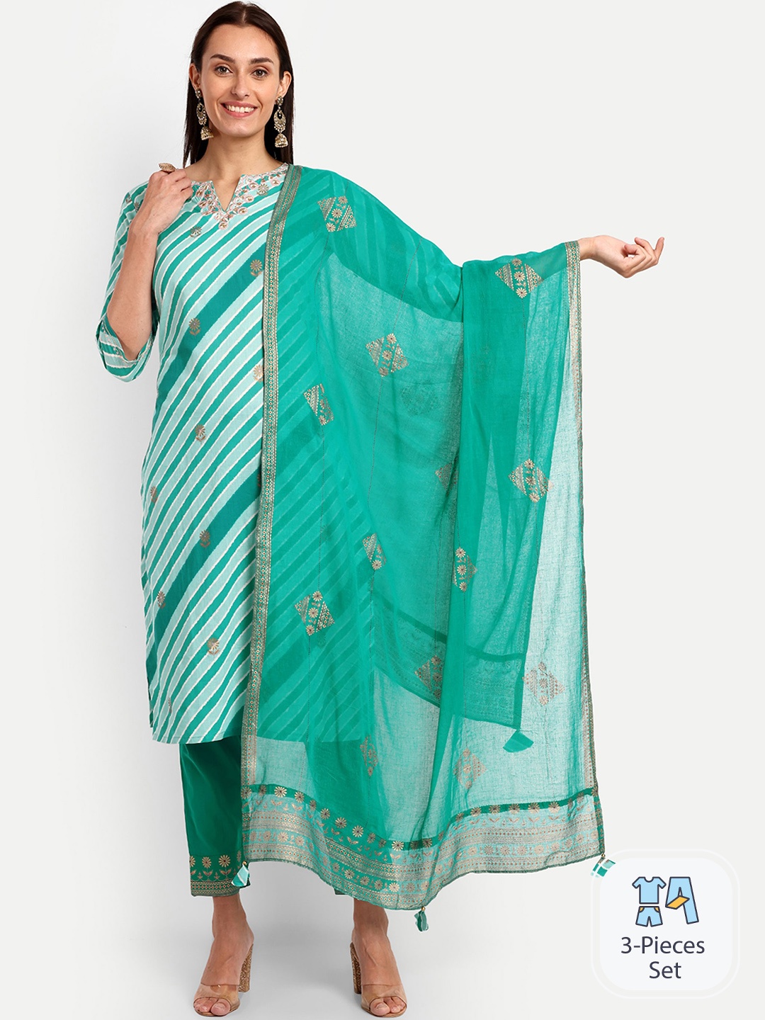

KAVITA GUPTA Leheriya Printed Pure Cotton Kurta with Trousers & Dupatta, Teal