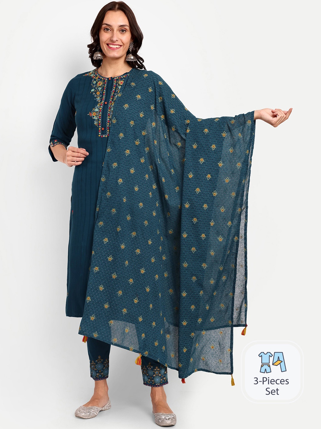 

KAVITA GUPTA Floral Embroidered Regular Pure Cotton Kurta with Trousers & With Dupatta, Teal