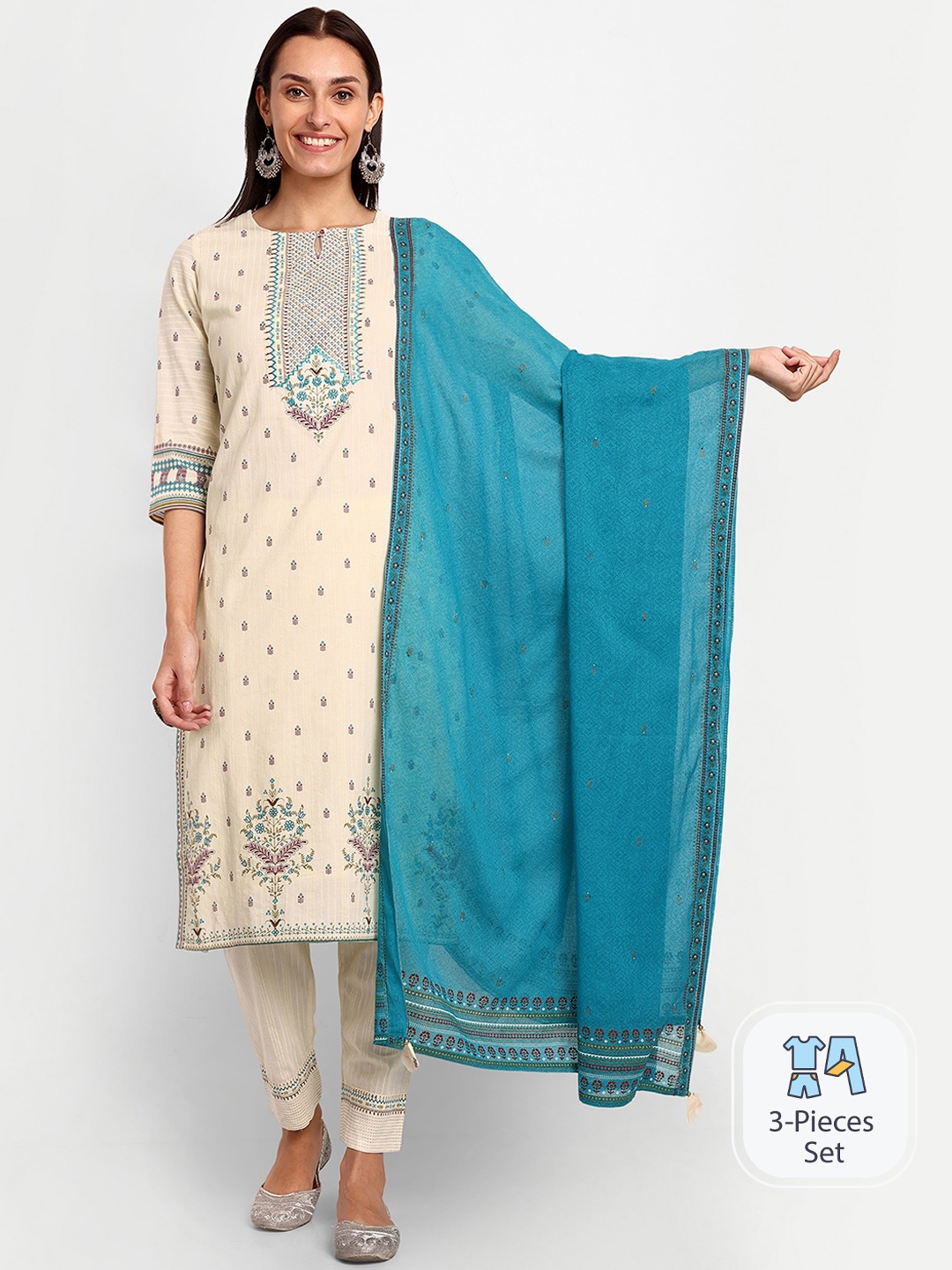 

KAVITA GUPTA Ethnic Motifs Printed Keyhole Neck Sequinned Kurta Set With Dupatta, Turquoise blue