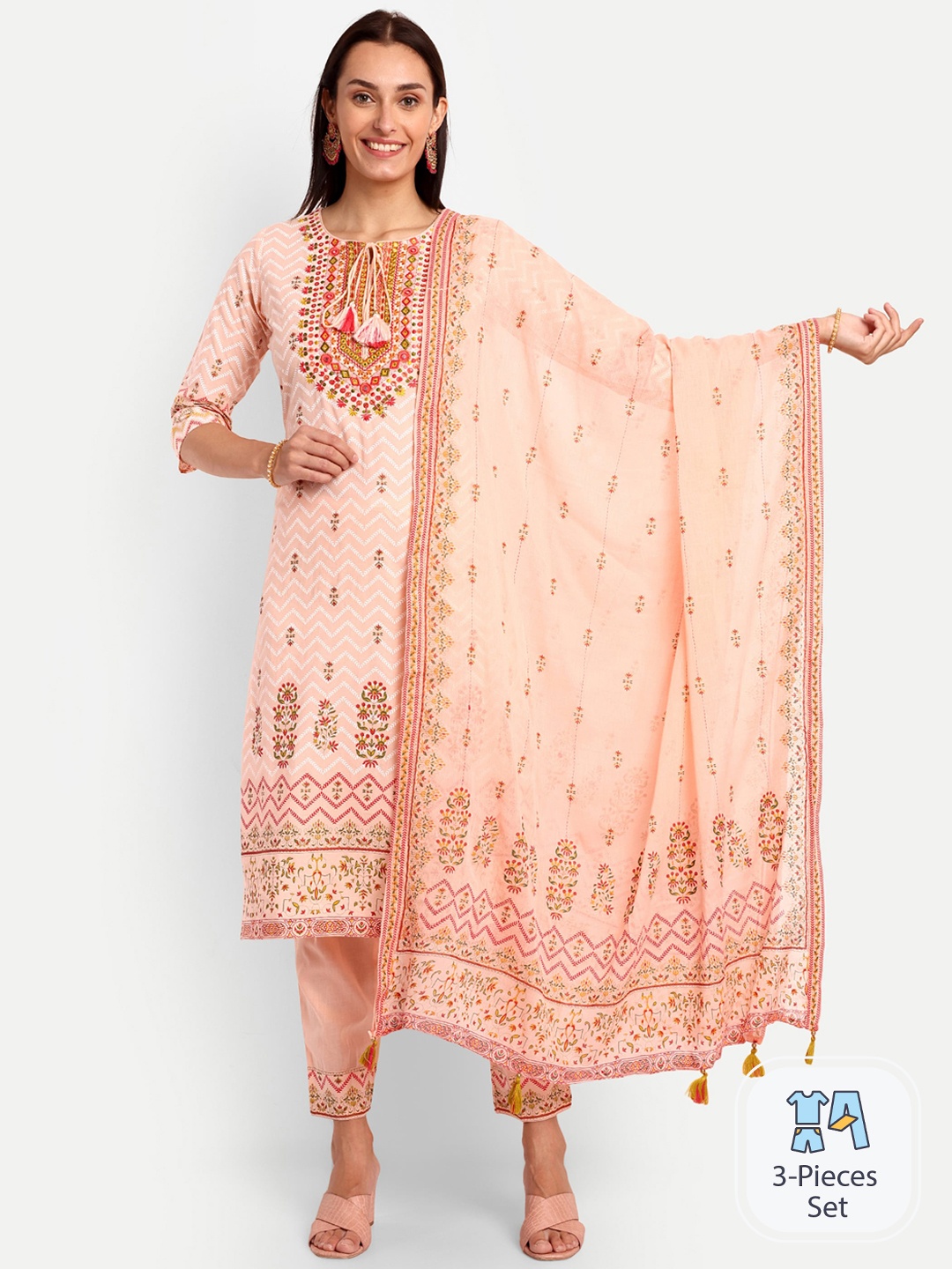 

KAVITA GUPTA Ethnic Motifs Printed Regular Pure Cotton Kurta with Trousers & Dupatta, Peach