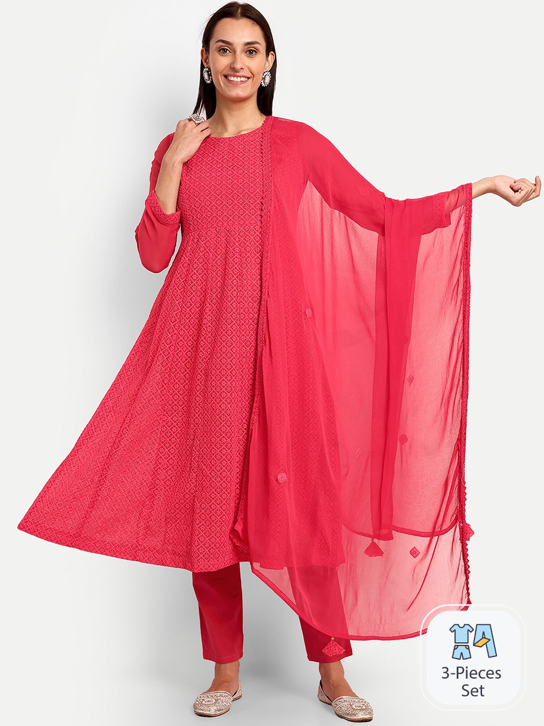 

KAVITA GUPTA Ethnic Motifs Embroidered Thread Work Kurta with Palazzos & Dupatta, Red