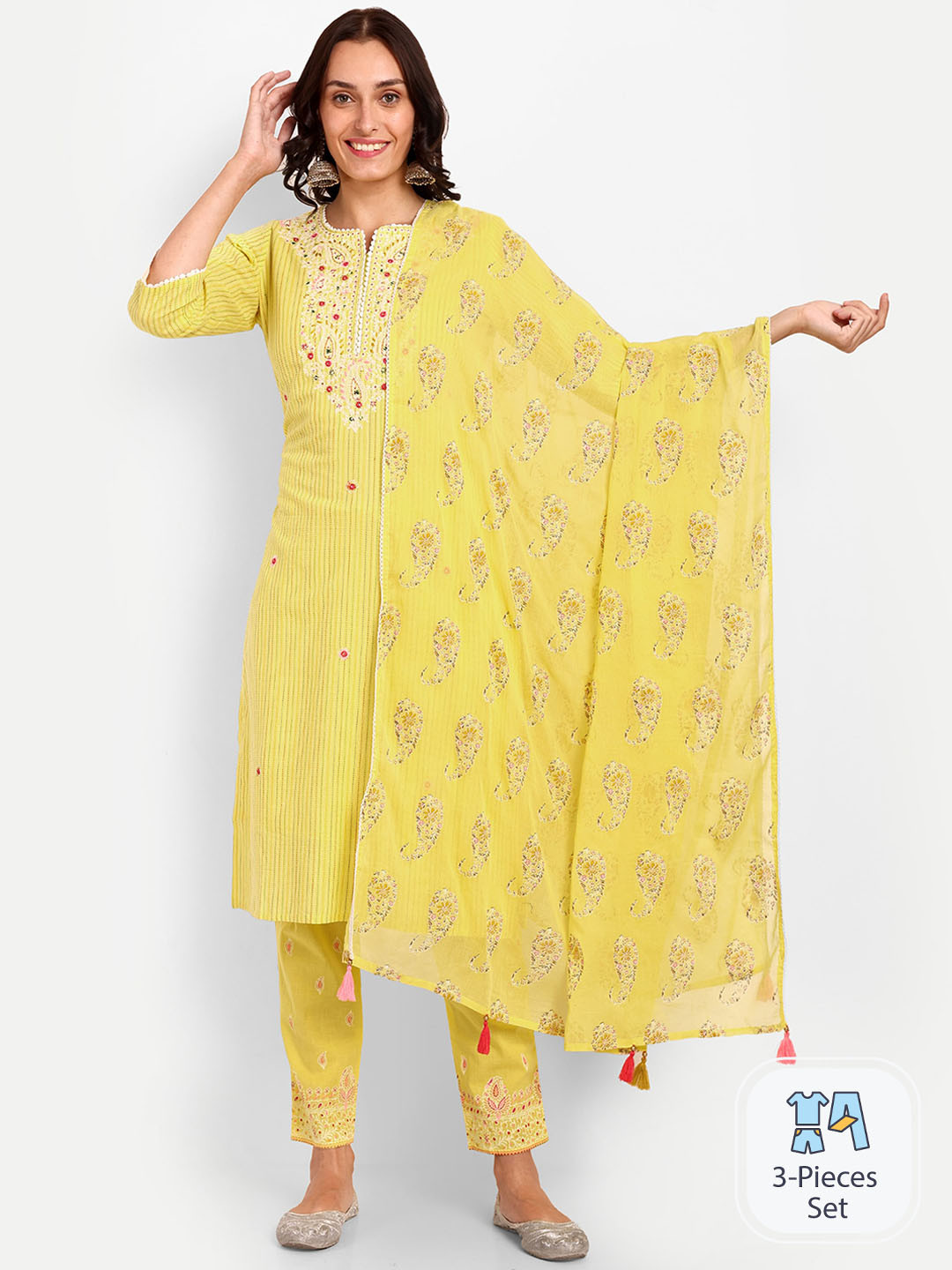 

KAVITA GUPTA Ethnic Motifs Embroidered Pure Cotton Kurta with Trousers & Dupatta, Yellow