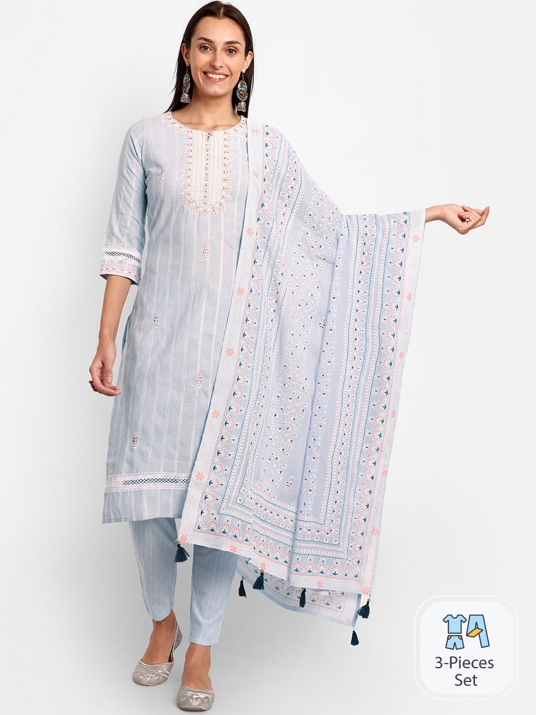 

KAVITA GUPTA Floral Embroidered Thread Work Pure Cotton Kurta with Trousers & Dupatta, Grey