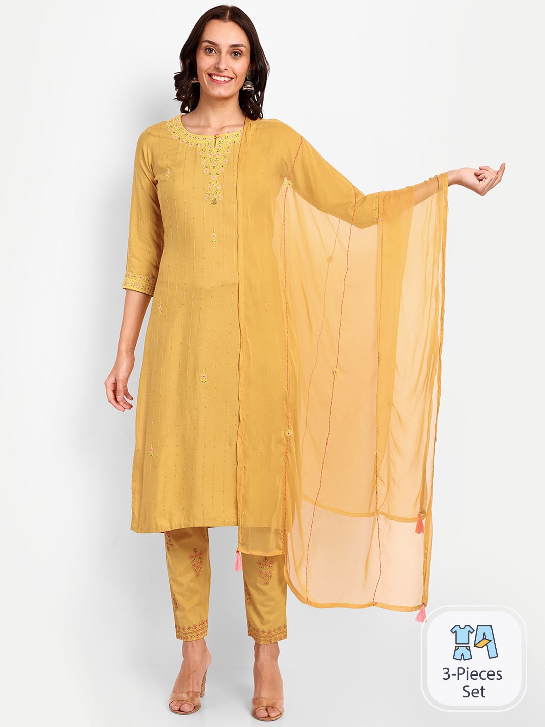 

KAVITA GUPTA Ethnic Motifs Embroidered Regular Kurta with Trousers & Dupatta, Mustard